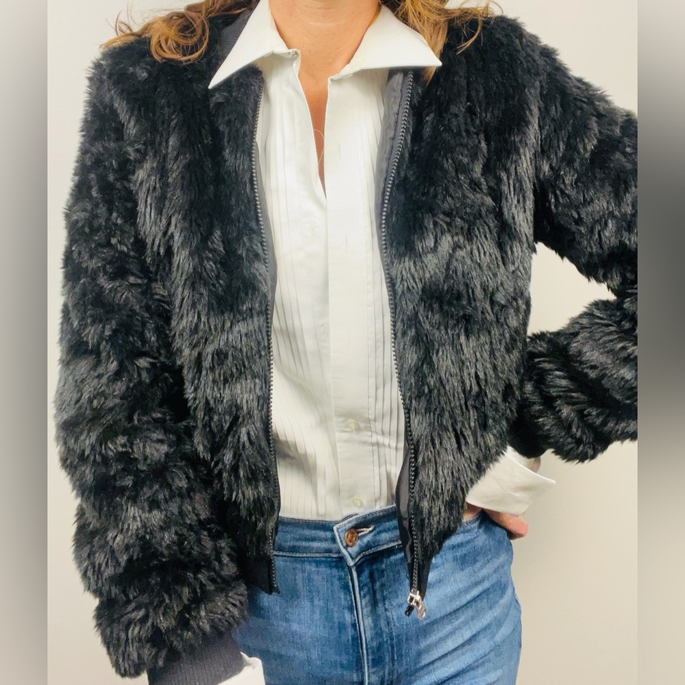 Faux Fur Bomber Jacket | Full-Zip | Size L